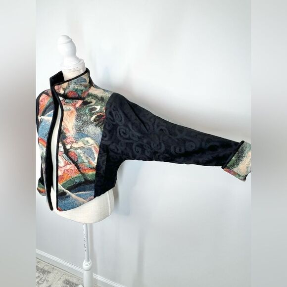 VTG Tzeadle Pasadena Tapestry Art To Wear Cropped Jacket Open Front Size P - Picture 2 of 15